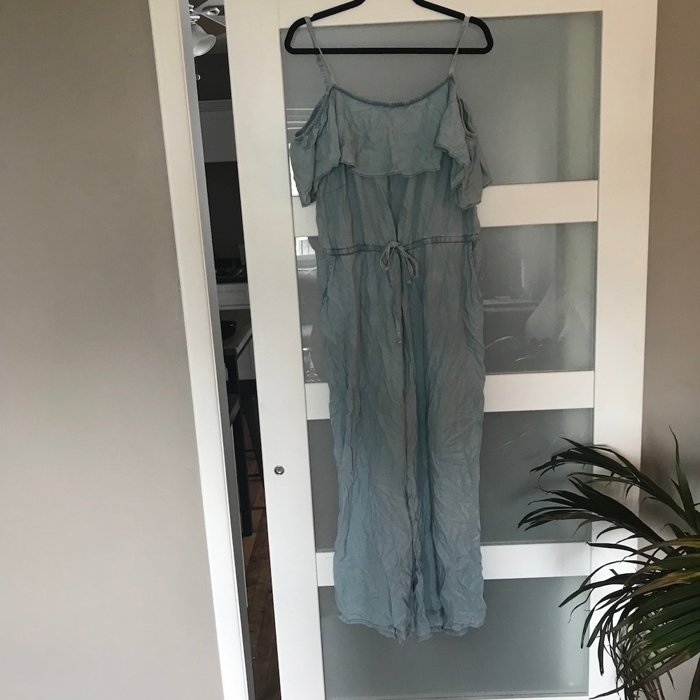 Old Navy Chambray Ruffled Jumpsuit- off the should